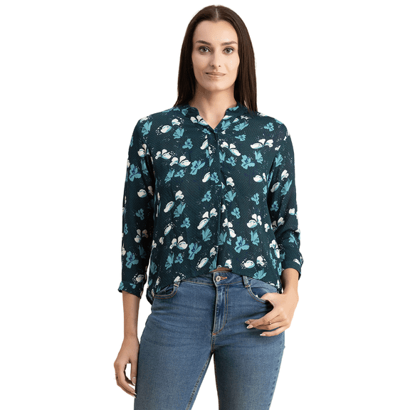 Moomaya Printed Mandarin Collar Rayon Tops For Women, Elbow Sleeve Casual Tunic Top