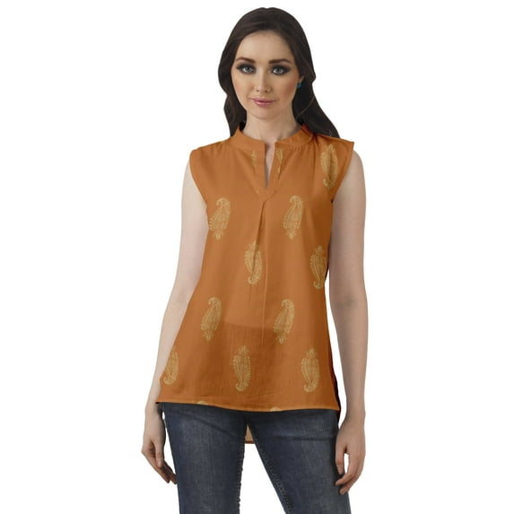 Moomaya Printed Mandarin Collar Tunic Sleeveless Casual Tank Top Summer Wear