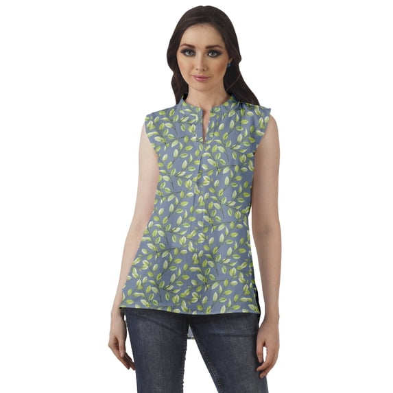 Moomaya Printed Mandarin Collar Tunic Sleeveless Casual Tank Top Summer Wear