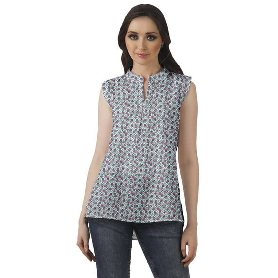 Moomaya Printed Mandarin Collar Tunic Sleeveless Casual Tank Top Summer Wear