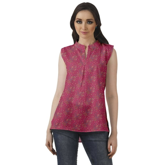 Moomaya Printed Mandarin Collar Tunic Sleeveless Casual Tank Top Summer Wear