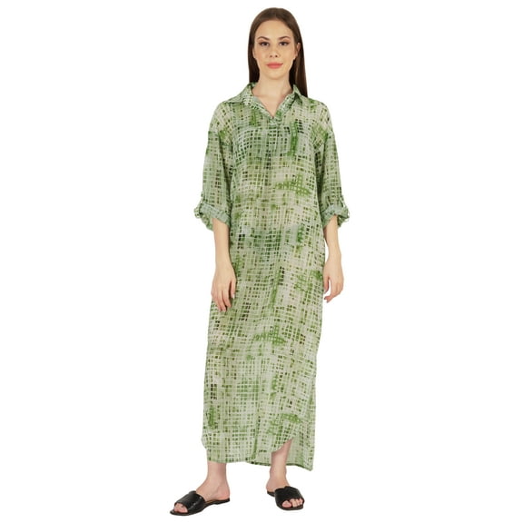 Moomaya Printed Maxi Shirt Dress For WoMen's Roll Up Sleeves Summer Casual Sheer Sexy Beach Dress