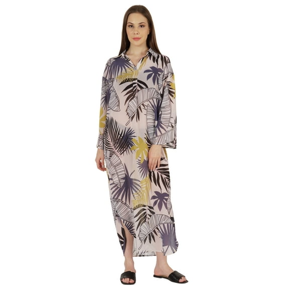 Moomaya Printed Maxi Shirt Dress For WoMen's Roll Up Sleeves Summer Casual Sheer Sexy Beach Dress