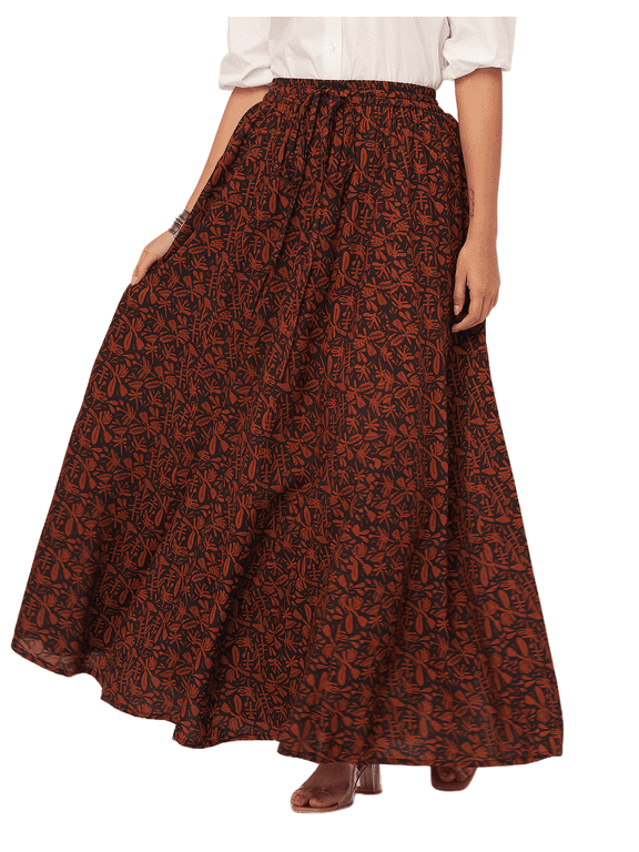Printed Maxi Skirt, Women's Elastic Waist Flowy Summer Long Skirt