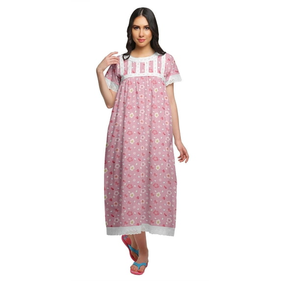 Moomaya Printed Nightdress For Ladies Cotton Ruffled Border Nursing Night Gown
