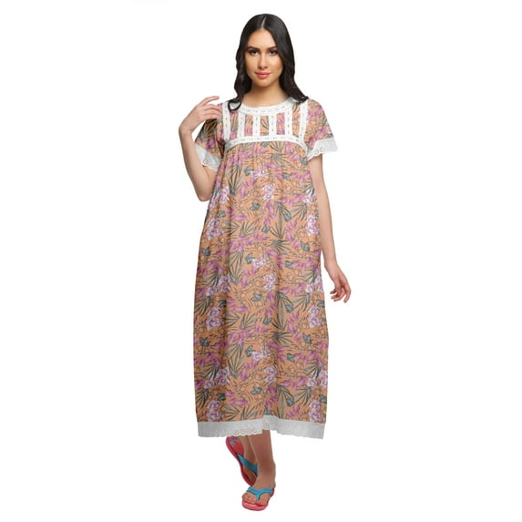 Moomaya Printed Nightdress For Ladies Cotton Ruffled Border Nursing Night Gown