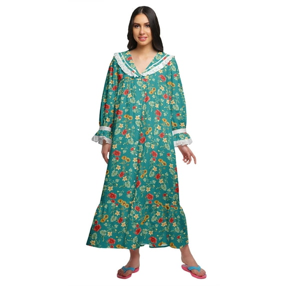 Moomaya Printed Nightdress For Ladies Cotton Ruffled Border Nursing Nightwear
