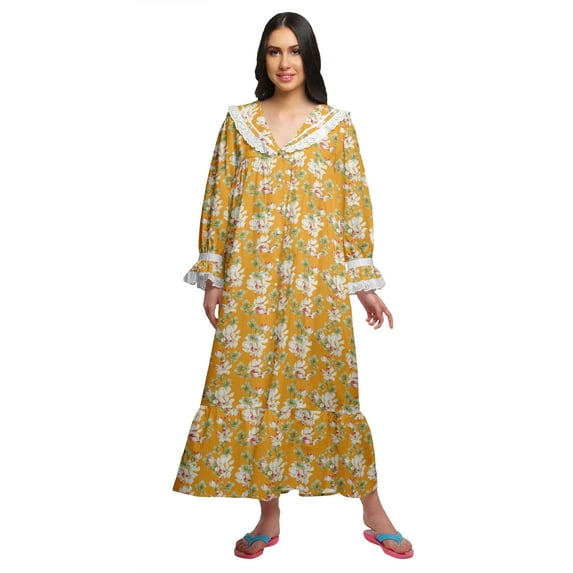 Moomaya Printed Nightdress For Ladies Cotton Ruffled Border Nursing Nightwear