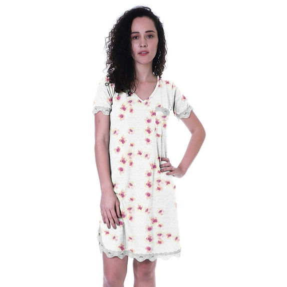 Moomaya Printed Nightwear Dress For WomenS Short Sleeve V-Neck Sleepwear Nightgown Dress