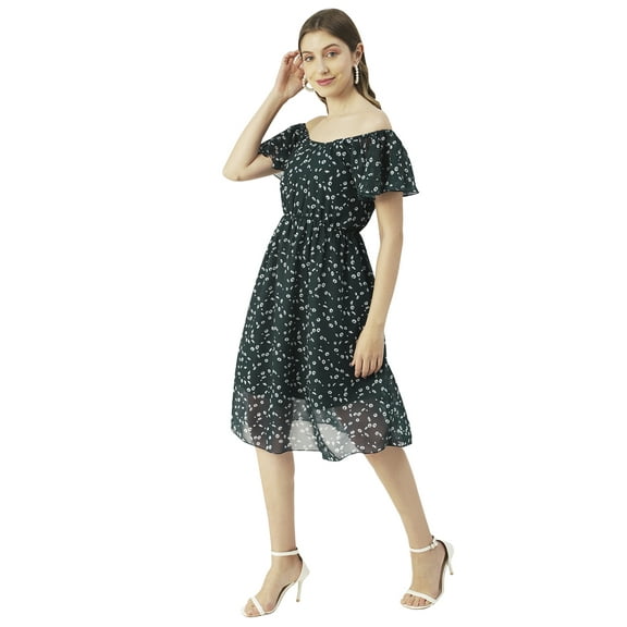 Moomaya Printed Off-Shoulder Poly Georgette Midi Dress Cinched Long Dress