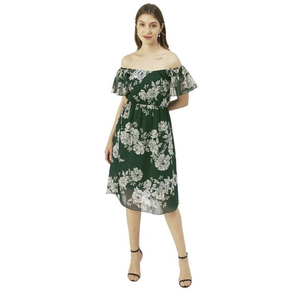 Moomaya Printed Off-Shoulder Poly Georgette Midi Dress Cinched Long Dress