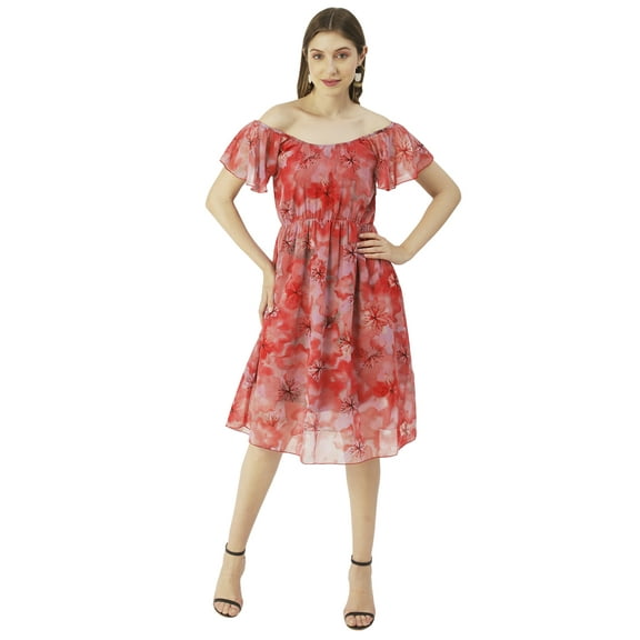 Moomaya Printed Off-Shoulder Poly Georgette Midi Dress Cinched Long Dress