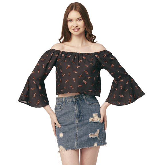 Moomaya Printed Off-Shoulder Top, WomenS Long Bell Sleeve Crop Top Blouse