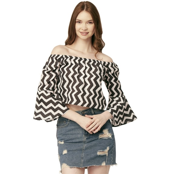 Moomaya Printed Off-Shoulder Top, WomenS Long Bell Sleeve Crop Top Blouse