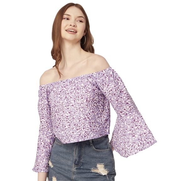 Moomaya Printed Off-Shoulder Top, WomenS Long Bell Sleeve Crop Top Blouse