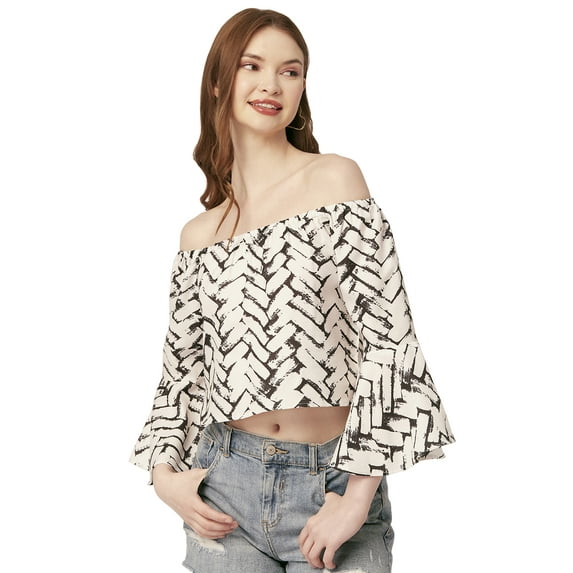 Moomaya Printed Off-Shoulder Top, WomenS Long Bell Sleeve Crop Top Blouse