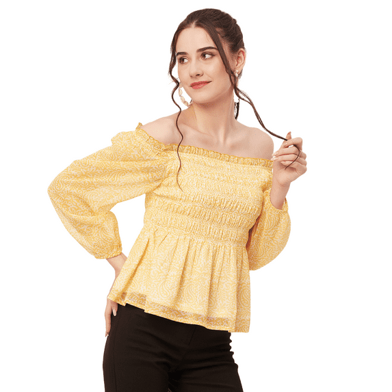 Moomaya Printed Off-Shoulder Tops, Womens Smocked Full Sleeve Casual Vacation Top