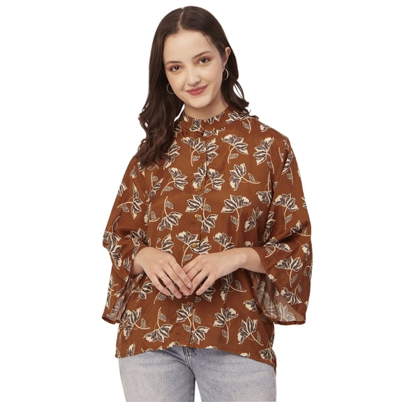 Moomaya Printed Oversize Top For Women, Full Bell Sleeve, Button Down Shirt Top