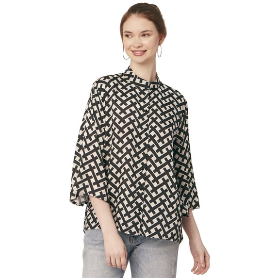 Moomaya Printed Oversize Top For Women, Full Bell Sleeve, Button Down Shirt Top