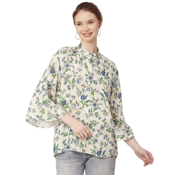 Moomaya Printed Oversize Top For Women, Full Bell Sleeve, Button Down Shirt Top