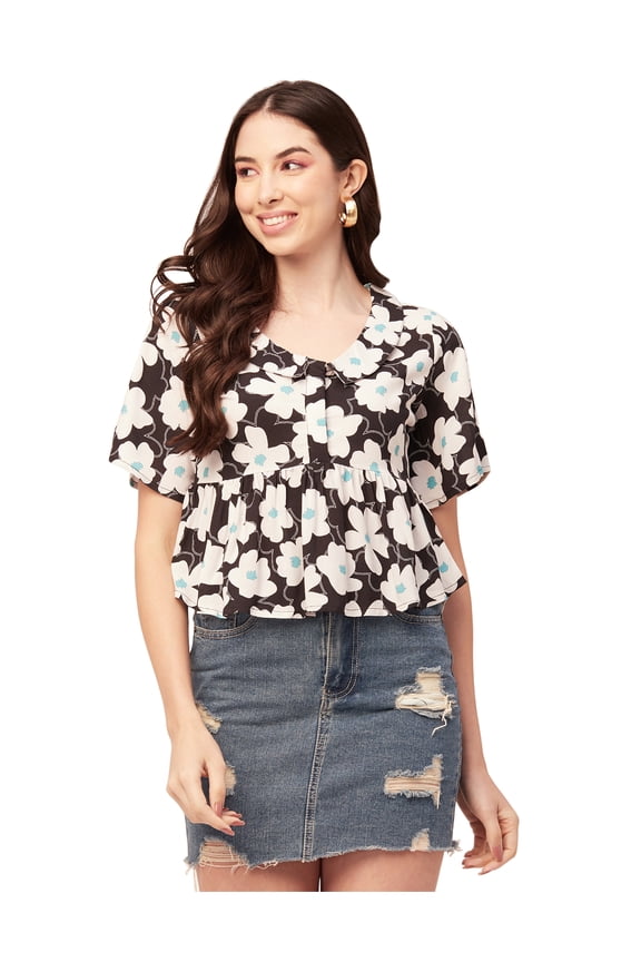 Printed Peplum Top For Women Peter Pan Collar Flutter Sleeves Summer Top