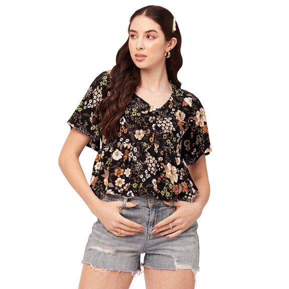 Moomaya Printed Peplum Top For Women Peter Pan Collar Flutter Sleeves Summer Top