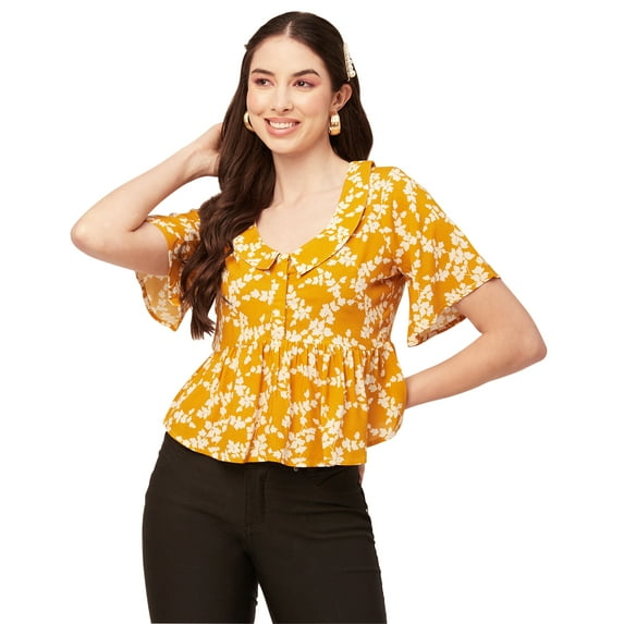Moomaya Printed Peplum Top For Women Peter Pan Collar Flutter Sleeves Summer Top