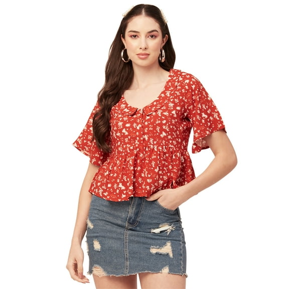 Moomaya Printed Peplum Top For Women Peter Pan Collar Flutter Sleeves Summer Top