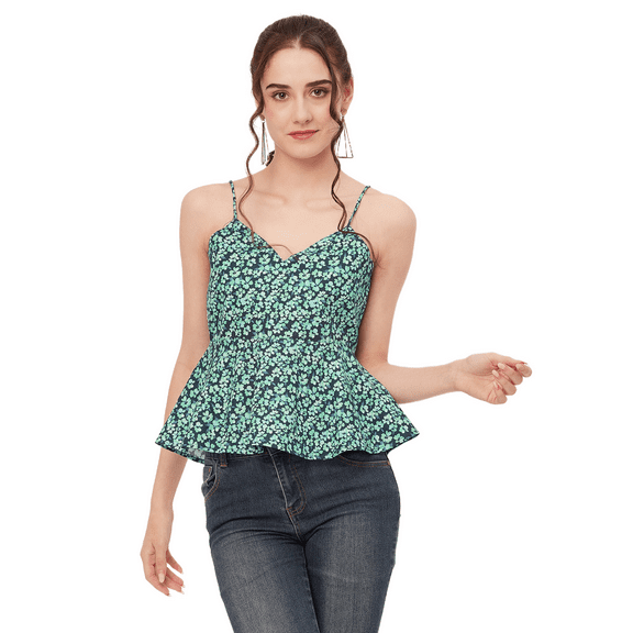 Moomaya Printed Peplum Tops For Women, Noodle Strap Blouse Top W/ Styles Back