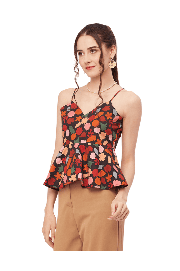 Printed Peplum Tops For Women, Noodle Strap Blouse Top W/ Styles Back