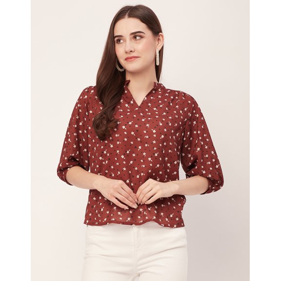 Moomaya Printed Puff Sleeve Tops, Band Collar, Semi-Formal Tops For Women