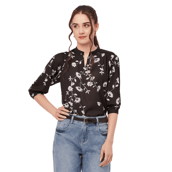 Moomaya Printed Puff Sleeve Tops, Band Collar, Semi-Formal Tops For Women