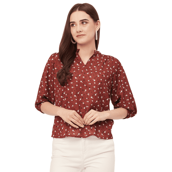 Moomaya Printed Puff Sleeve Tops, Band Collar, Semi-Formal Tops For Women