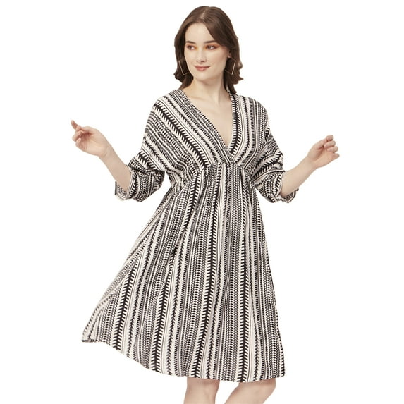 Moomaya Printed Quarter Sleeves Short Dress, Knee Length Flared Hem Summer Dress