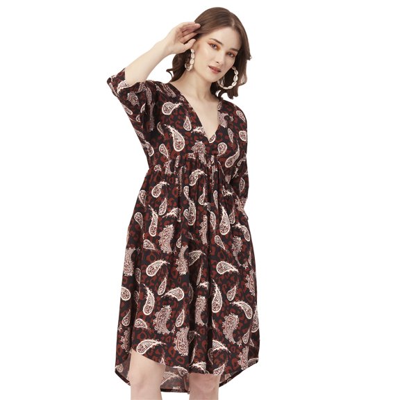 Moomaya Printed Quarter Sleeves Short Dress, Knee Length Flared Hem Summer Dress