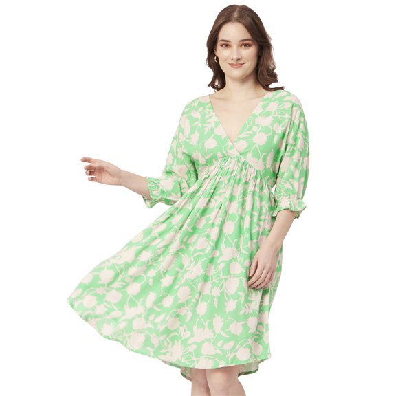 Moomaya Printed Quarter Sleeves Short Dress, Knee Length Flared Hem Summer Dress