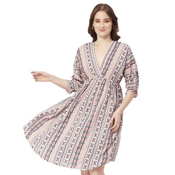 Moomaya Printed Quarter Sleeves Short Dress, Knee Length Flared Hem Summer Dress