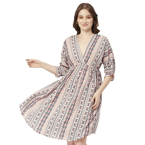 Moomaya Printed Quarter Sleeves Short Dress, Knee Length Flared Hem Summer Dress