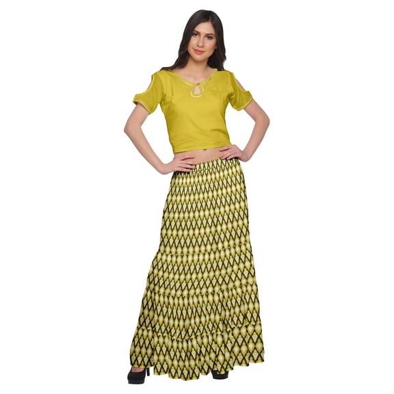 Moomaya Printed Rayon Cold Shoulder Crop Top And Skirt Ethnic Set For Women