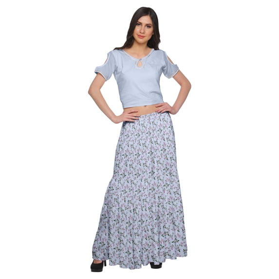 Moomaya Printed Rayon Cold Shoulder Crop Top And Skirt Ethnic Set For Women