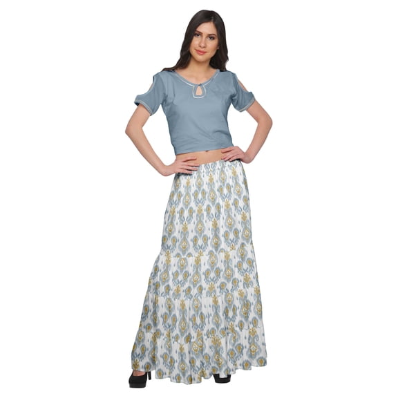 Moomaya Printed Rayon Cold Shoulder Crop Top And Skirt Ethnic Set For Women