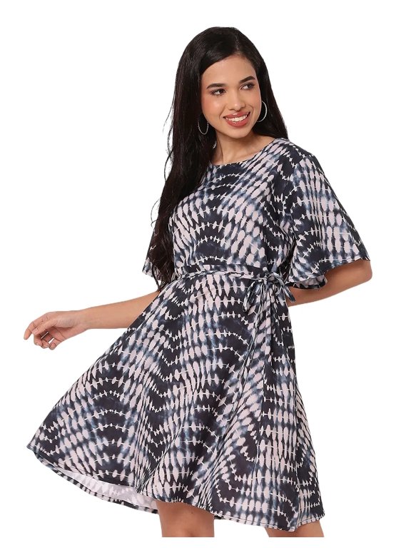 Printed Rayon Dress, Flutter Sleeves Embroidered Casual Summer Dress