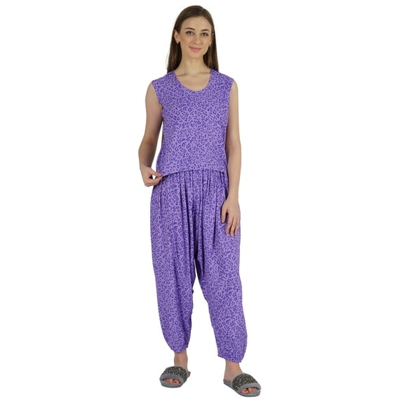 Moomaya Printed Rayon Nightwear Set For Womens Sleepwear Drop Crotch Pajama 2 Pcs Loungewear