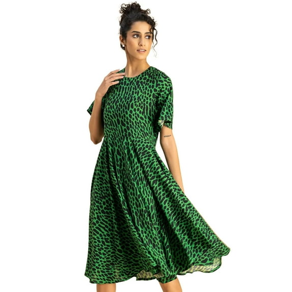 Moomaya Printed Rayon Short Sleeve Fit & Flare Dress - Regular Fit Party Dress