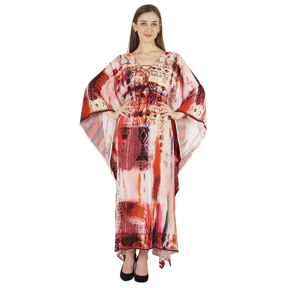 Moomaya Printed Rayon Turkish Maxi Kaftan For Women Beachwear Bikini Cover Up Resort Dress