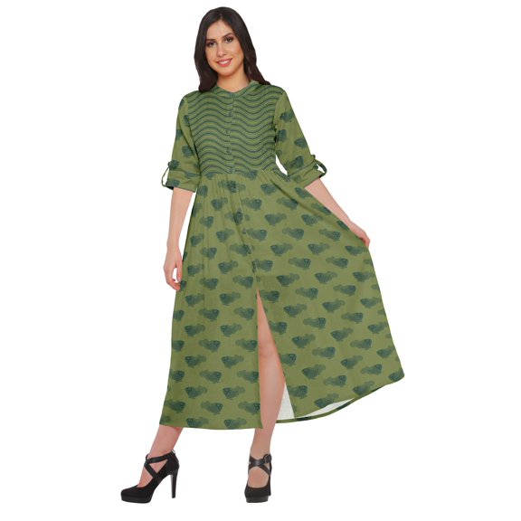 Moomaya Printed Roll Up Sleeve Long Kurti Front Slit Tunic Dress For Women