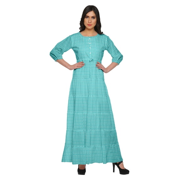 Moomaya Printed Round Neck 3/4 Sleeve Long Maxi Dress With Drawstring Waist