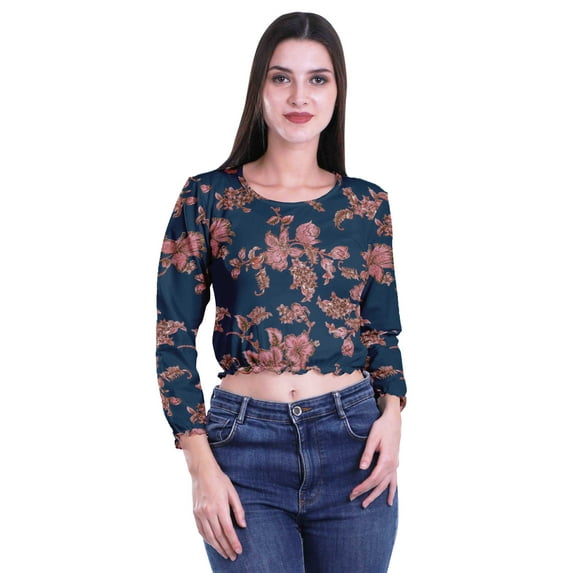 Moomaya Printed Round Neck Long Sleeve Crop Tops For Women Cotton Jersey T Shirt
