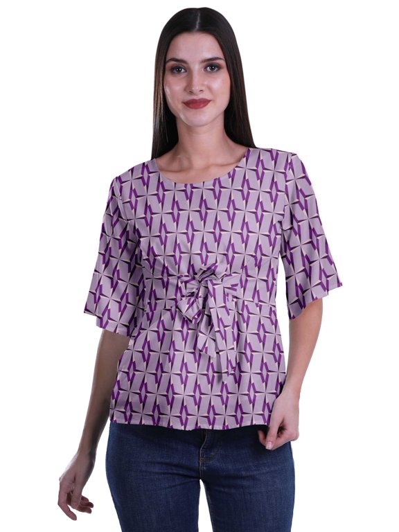 Printed Round Neck Top For Women Elbow Sleeve Blouse Tunic Formal Wear