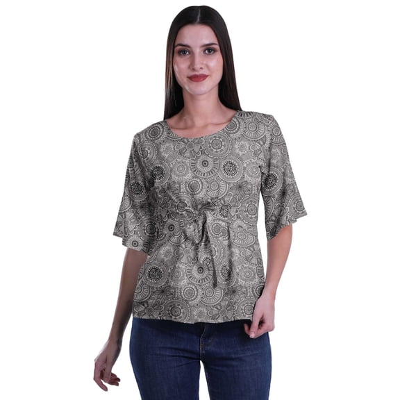 Moomaya Printed Round Neck Top For Women Elbow Sleeve Blouse Tunic Formal Wear
